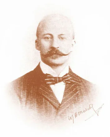 Historisch portret van Pim Mulier (Willem Johan Herman Mulier), grondlegger van de Elfstedentocht, met snor en strikje
